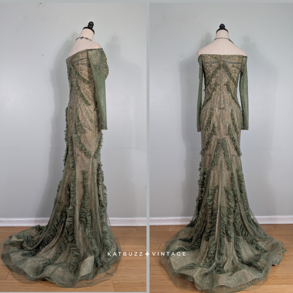 Vintage Terani Prom Dress Maxi Gown 4 Green Ruffle Fairy Princess Sleeve Evening - Picture 2 of 16